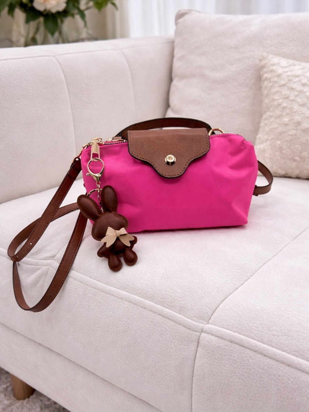 Stella Pink Nylon Mini Crossbody Bag w/ Brown faux Leather Trim & Bunny Charm - Picture 5 of 5